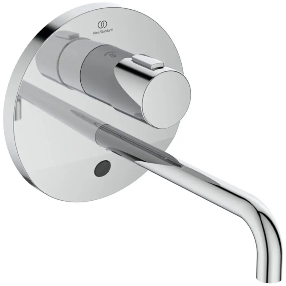 Wandmontierter Wasserhahn von Ideal Standard mit Sensorsteuerung und Drehgriff. Chromoberfläche mit einem Auslauf von 230 mm.